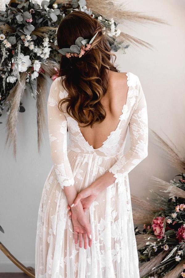 A Line Long Sleeve Wedding Dress V Back Rustic Bridal Gown