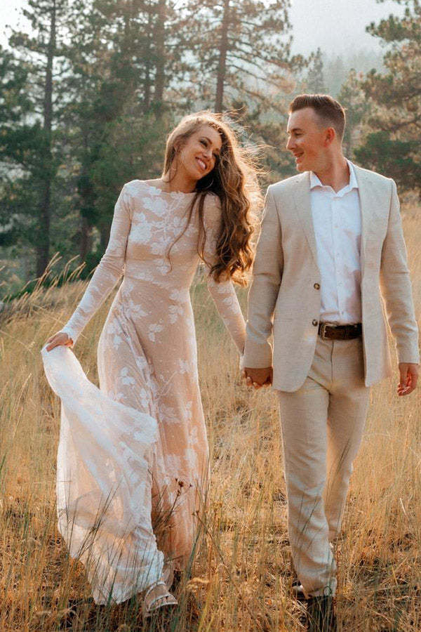 A Line Long Sleeve Wedding Dress V Back Rustic Bridal Gown