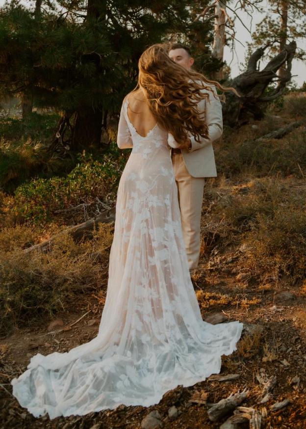 A Line Long Sleeve Wedding Dress V Back Rustic Bridal Gown