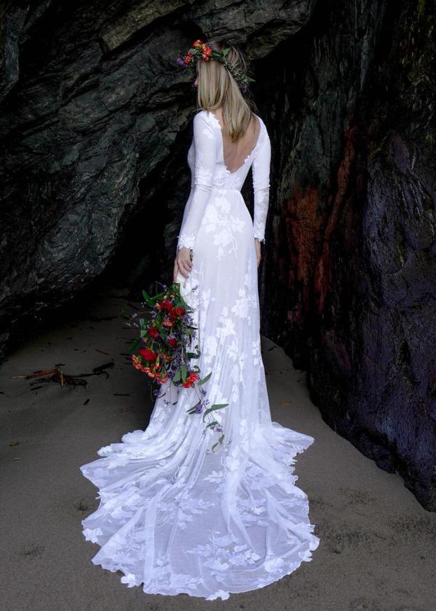 A Line Long Sleeve Wedding Dress V Back Rustic Bridal Gown