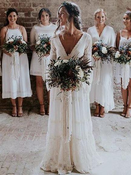 A line Long Sleeve White Lace Wedding Dress Rustic Bridal Gown
