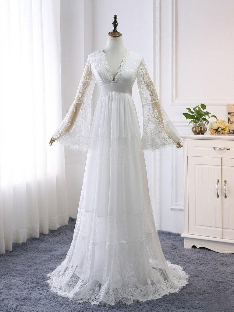 A line Long Sleeve White Lace Wedding Dress Rustic Bridal Gown