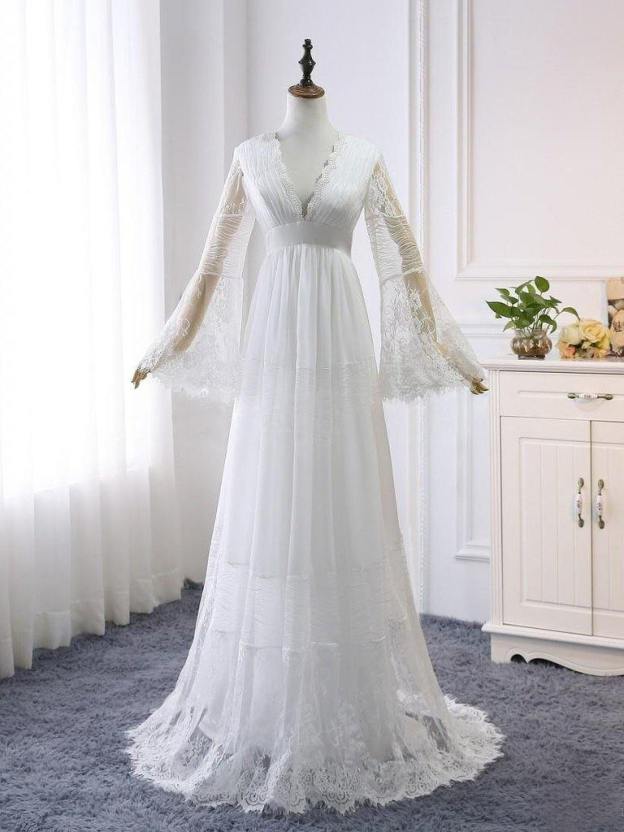 A line Long Sleeve White Lace Wedding Dress Rustic Bridal Gown