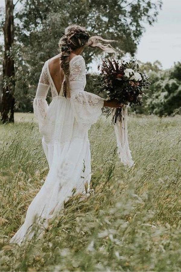 A line Long Sleeve White Lace Wedding Dress Rustic Bridal Gown