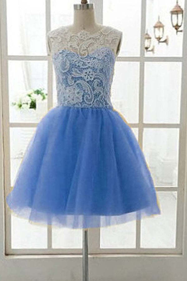 A-line Mint Green Tulle Lace Short Homecoming Dress Round Neck Party Dress