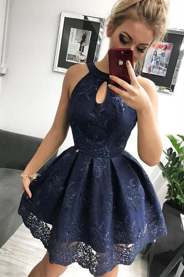 A Line Navy Blue Satin Short Homecoming Dress
