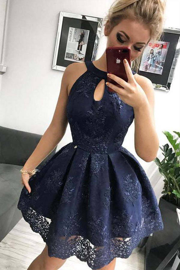 A Line Navy Blue Satin Short Homecoming Dress