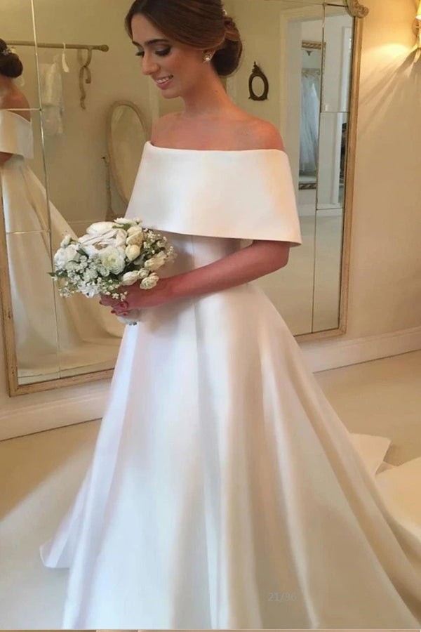 A Line Off The Shoulder Elegant Satin Wedding Dress