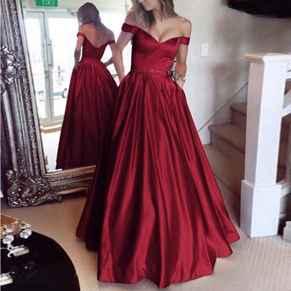 A Line Off The Shoulder Satin Prom Dress Evening Dress