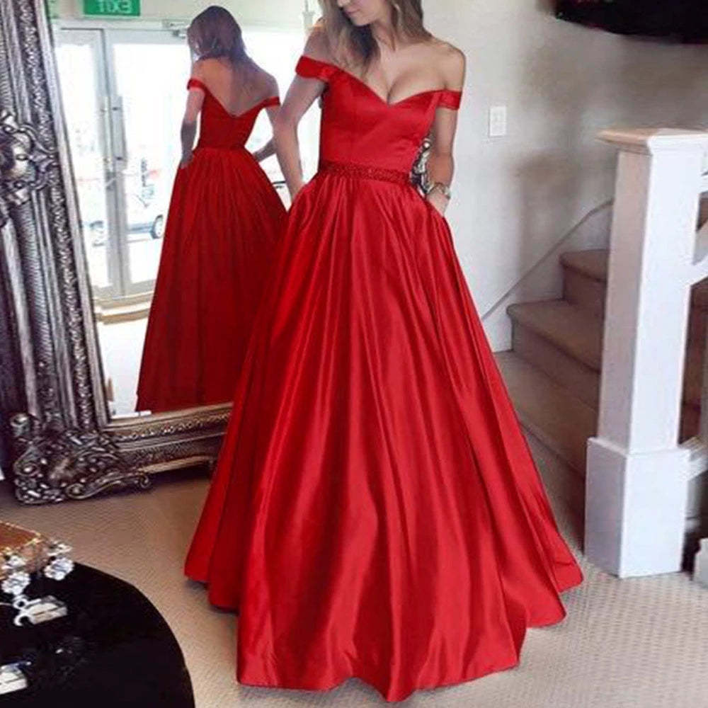 A Line Off The Shoulder Satin Prom Dress Evening Dress