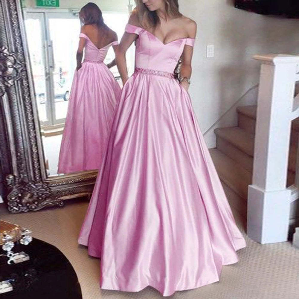 A Line Off The Shoulder Satin Prom Dress Evening Dress