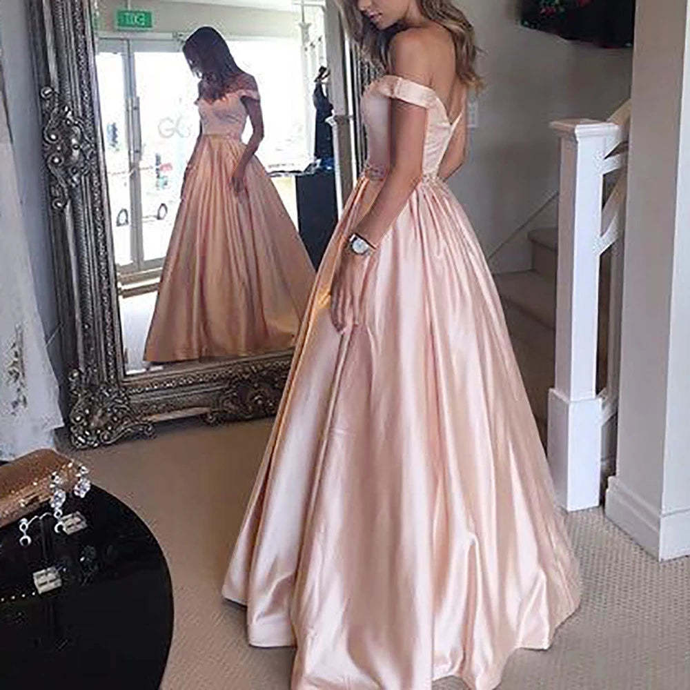 A Line Off The Shoulder Satin Prom Dress Evening Dress
