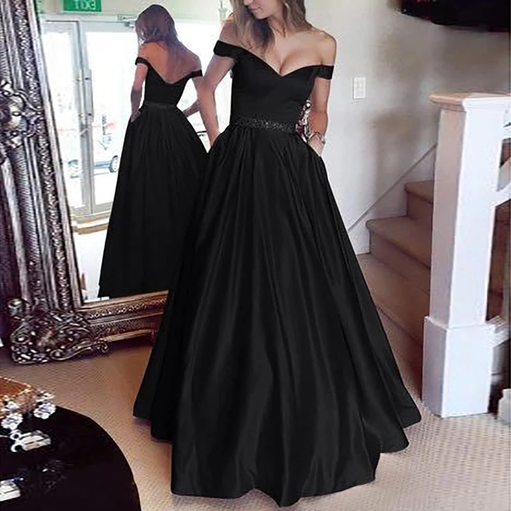 A Line Off The Shoulder Satin Prom Dress Evening Dress