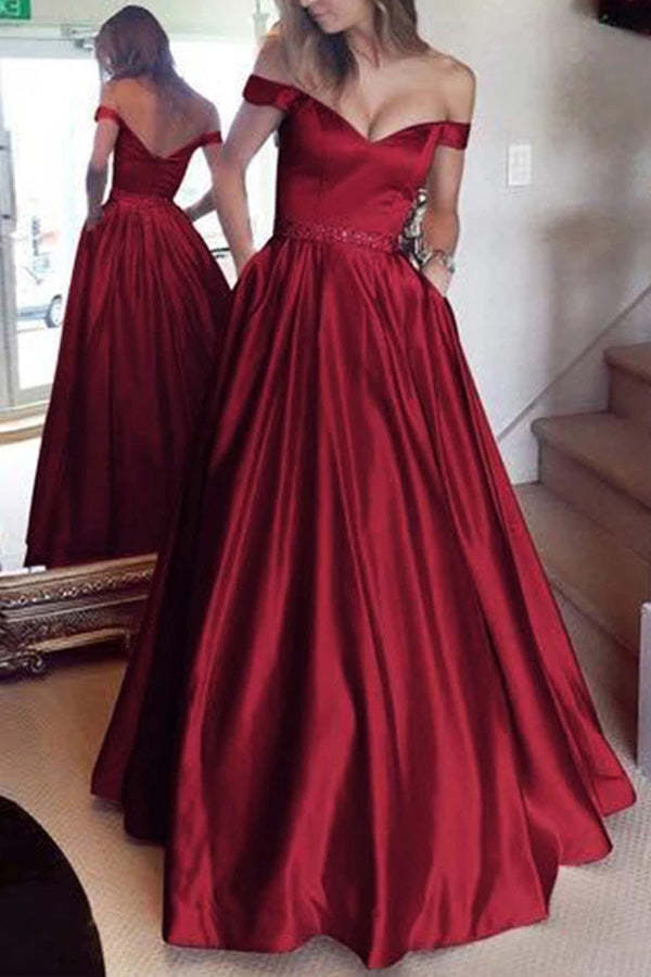 A Line Off The Shoulder Satin Prom Dress Evening Dress