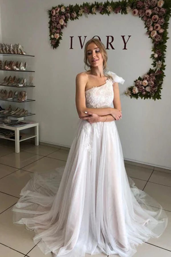 A Line One Shoulder Long Wedding Dress With Lace WW261