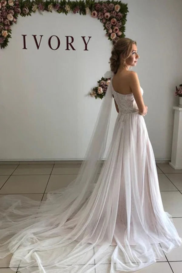 A Line One Shoulder Long Wedding Dress With Lace WW261