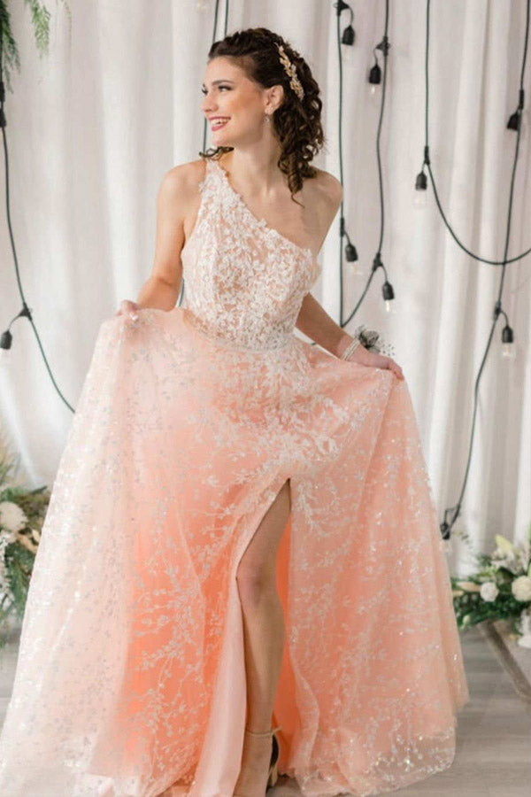 A Line One shoulder Pink Long Prom Dress