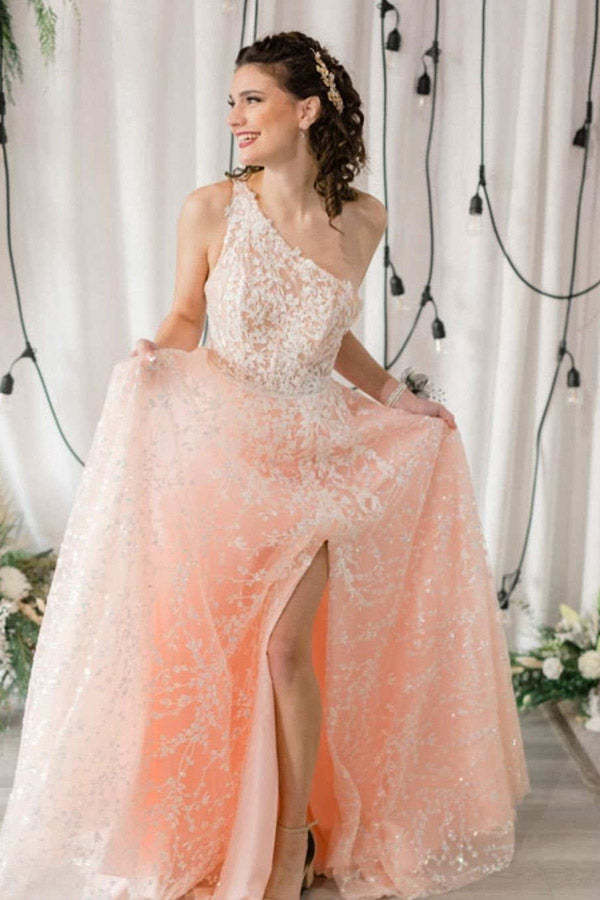 A Line One shoulder Pink Long Prom Dress