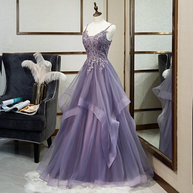 A Line Purple Tulle Prom Dress With Lace Appliques
