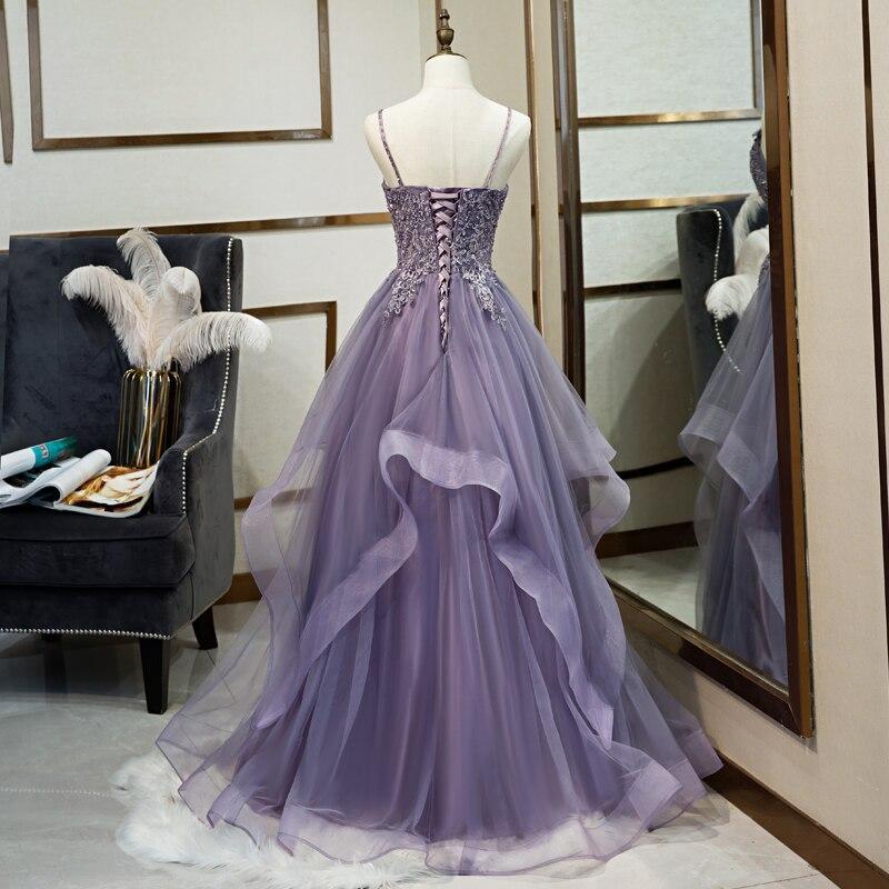 A Line Purple Tulle Prom Dress With Lace Appliques
