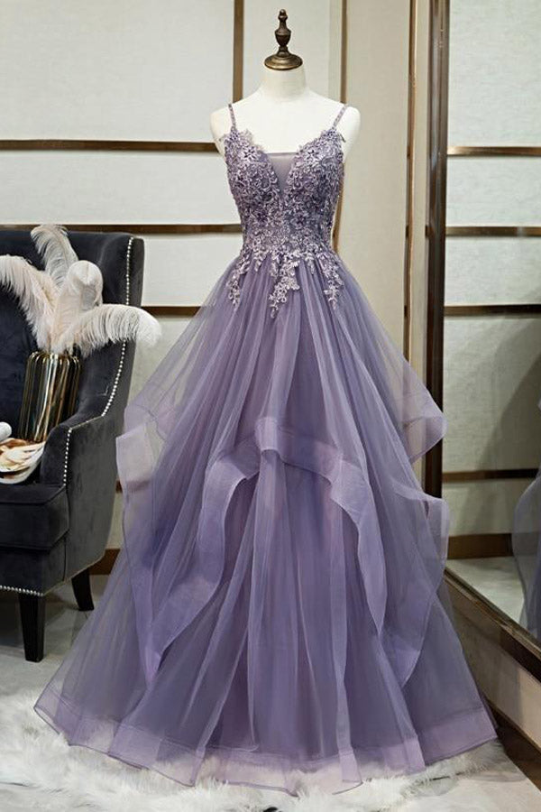 A Line Purple Tulle Prom Dress With Lace Appliques
