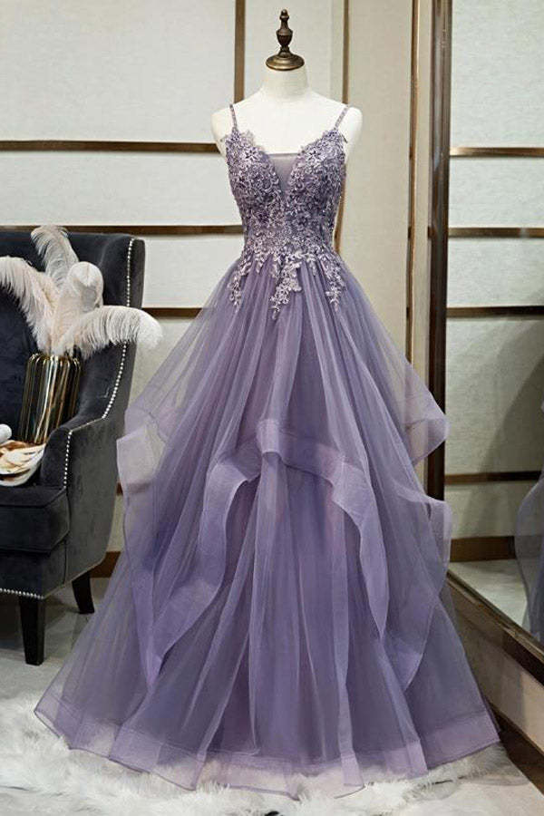 A Line Purple Tulle Prom Dress With Lace Appliques