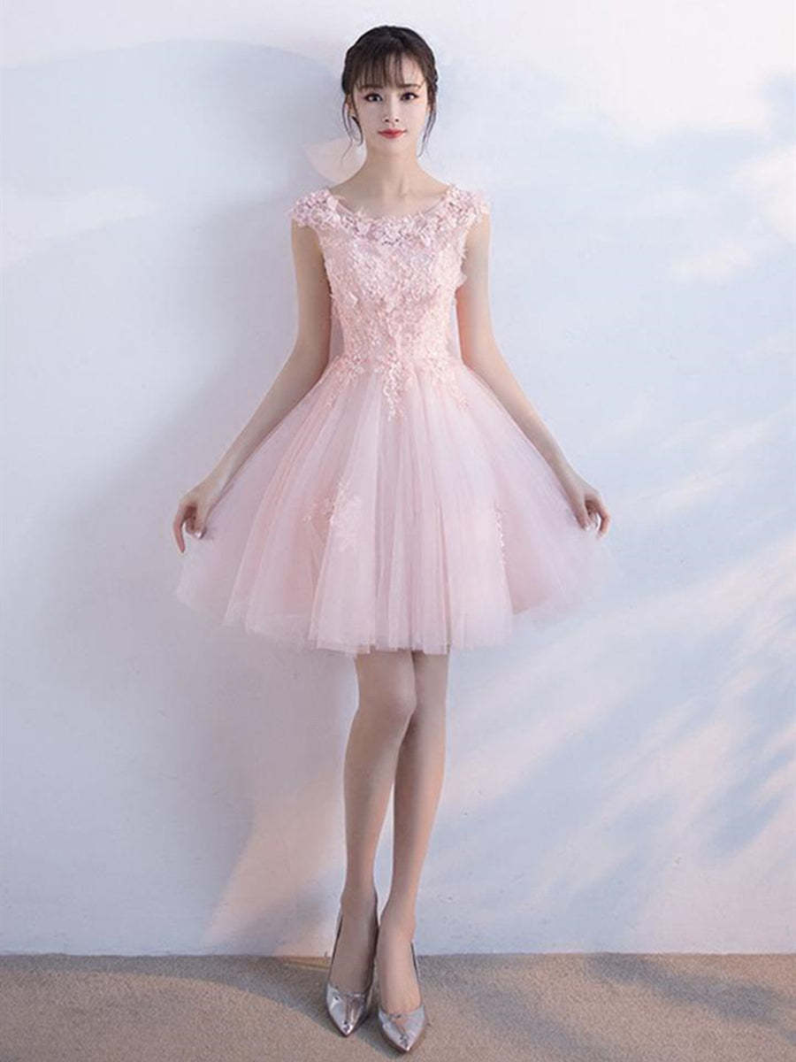 A Line Round Neck Short Pink Lace Prom Dresses, Pink Lace Formal Graduation Homecoming Dresses