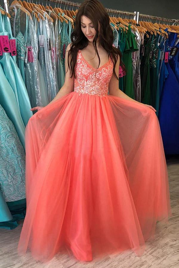 A line Rustic Watermelon Tulle Prom Dress With Lace