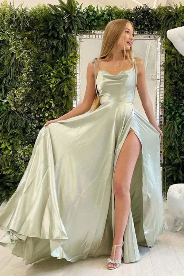 A-line Sage Green Satin Straps Prom Dress Simple Party Dress WP432