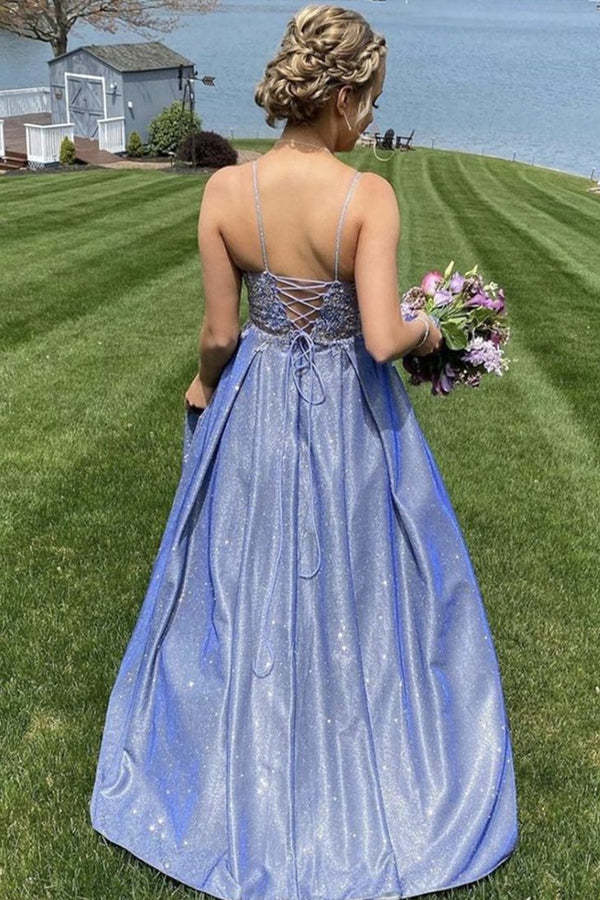 A Line Satin Long Prom Dress Lace Appliqued Evening Dress
