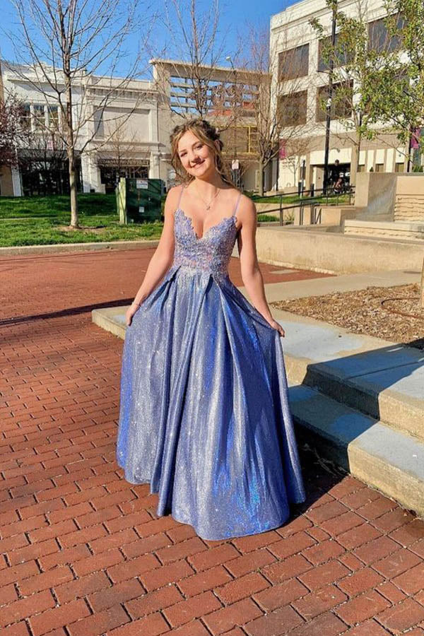 A Line Satin Long Prom Dress Lace Appliqued Evening Dress
