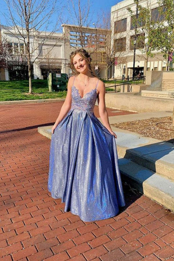 A Line Satin Long Prom Dress Lace Appliqued Evening Dress
