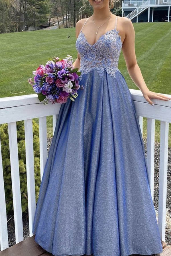 A Line Satin Long Prom Dress Lace Appliqued Evening Dress