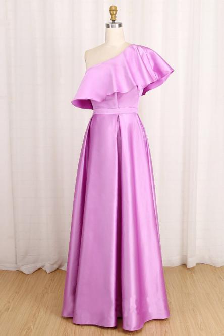 A Line Satin Long Prom Dress One Shoulder Formal Dress