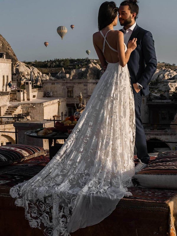 A Line Spaghetti Straps Beach Wedding Dress Lace Bridal Gown