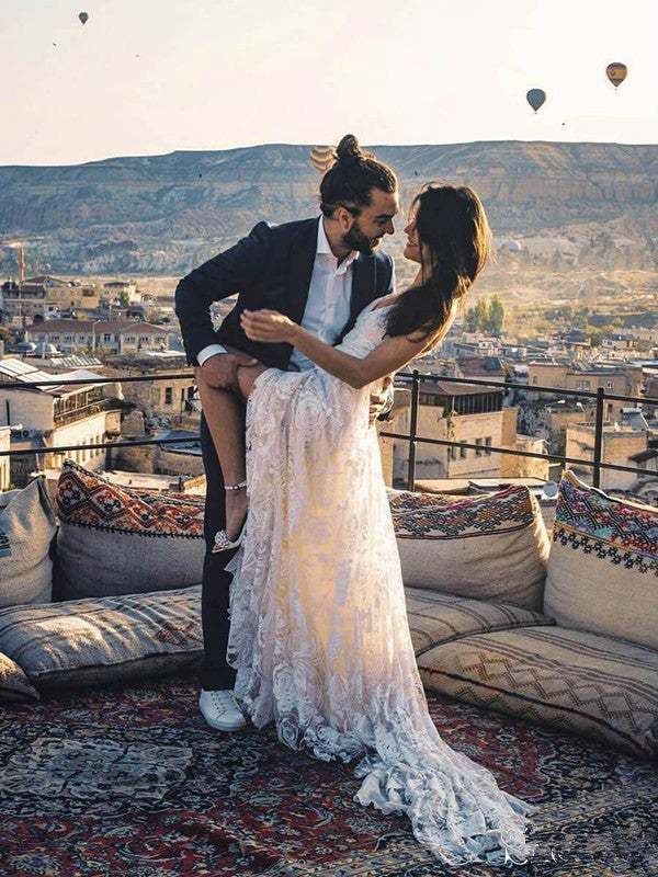 A Line Spaghetti Straps Beach Wedding Dress Lace Bridal Gown