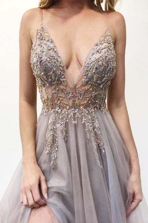 A-line Spaghetti Straps Beaded Prom Dresses With Slit