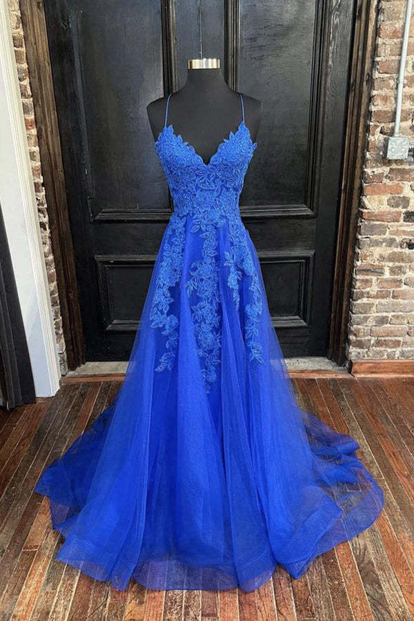 A Line Spaghetti Straps Blue Tulle Prom Dress With Appliques
