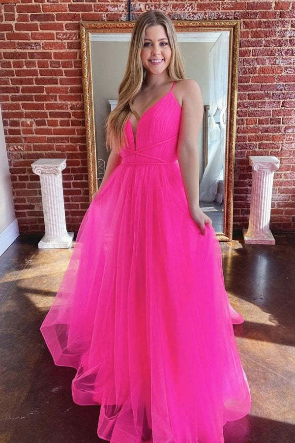 A Line Spaghetti Straps Hot Pink Tulle Prom dresses
