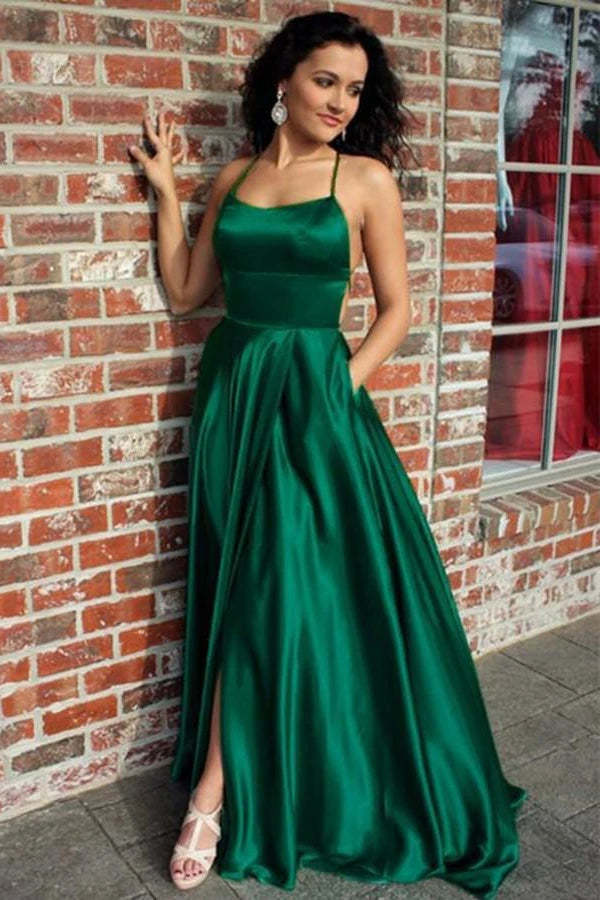 A Line Spaghetti Straps Long Prom Dress with Thigh Slit