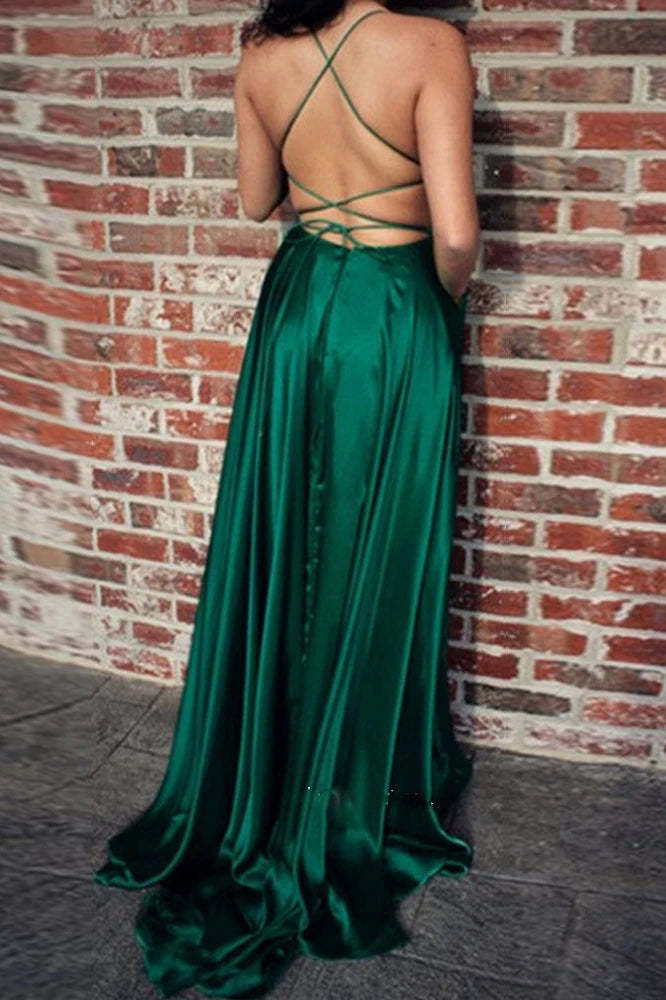 A Line Spaghetti Straps Long Prom Dress with Thigh Slit