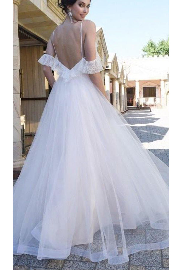 A-line Spaghetti Straps Low Back White Tulle Wedding Dress Lace Top Bridal Gown WW287 winkbridal
