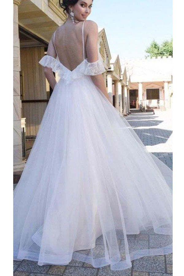 A-line Spaghetti Straps Low Back White Tulle Wedding Dress Lace Top Bridal Gown WW287 winkbridal