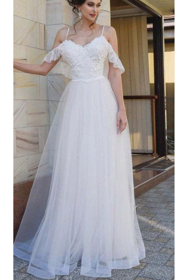 A-line Spaghetti Straps Low Back White Tulle Wedding Dress Lace Top Bridal Gown WW287 winkbridal