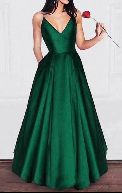 A Line Spaghetti Straps Satin Prom Dress Long Party Dress With Pocket