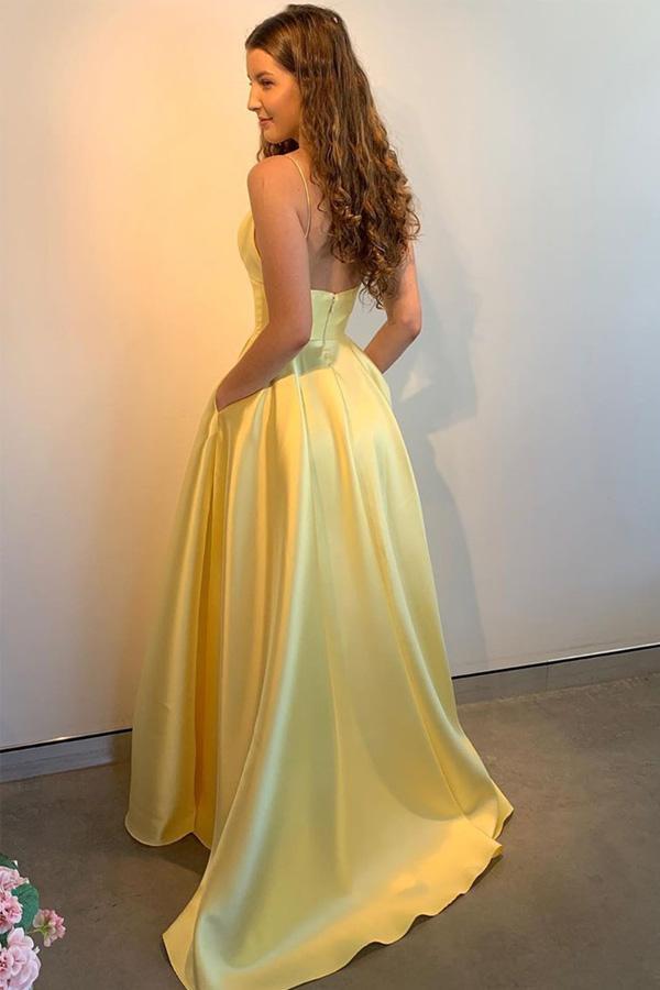 A Line Spaghetti Straps Satin Prom Dress Long Party Dress With Pocket