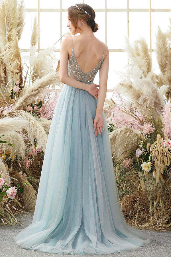 A-line Spaghetti Straps Split Prom Dress With Beading