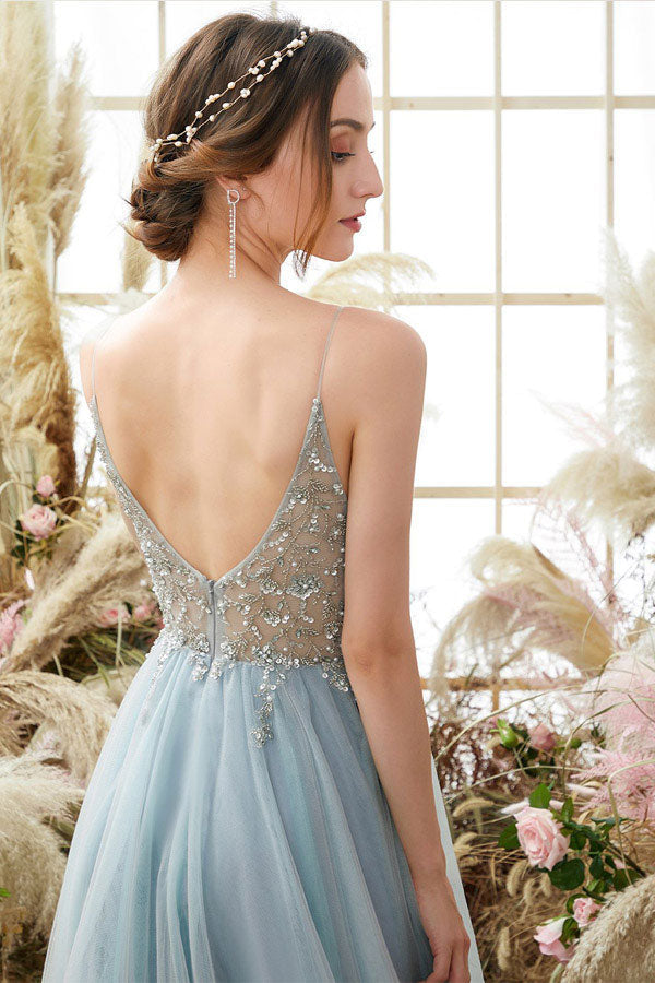 A-line Spaghetti Straps Split Prom Dress With Beading