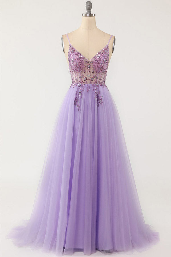 A-line Spaghetti Straps Split Prom Dress With Beading