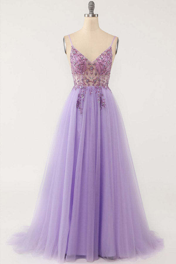 A-line Spaghetti Straps Split Prom Dress With Beading